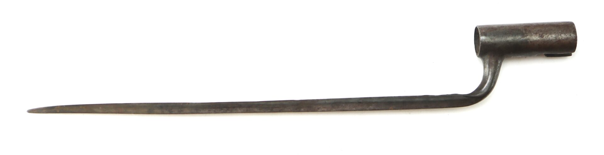A metal socket bayonet with a straight, pointed blade and a cylindrical mount for attachment to a rifle.