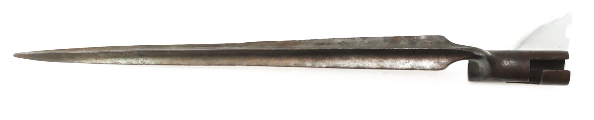 A metal bayonet with a tapered, triangular blade and a cylindrical socket for attachment to a rifle, shown against a white background.