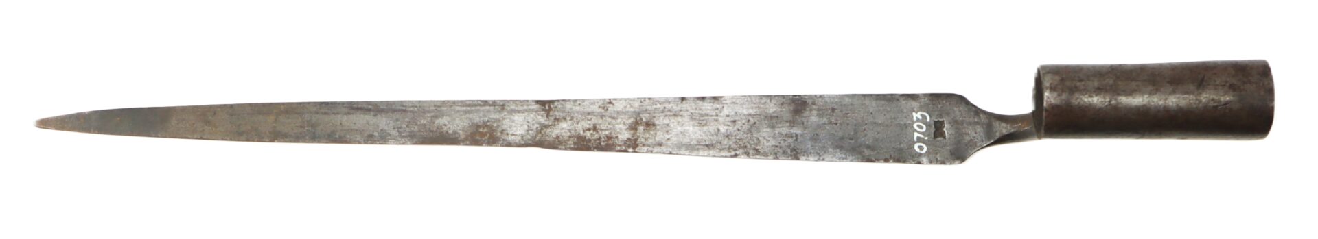 A rusty, pointed metal blade with a cylindrical socket handle attachment, likely an old spearhead or similar weapon.