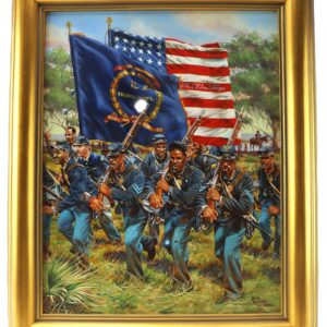 Framed painting of African American Union soldiers marching in uniform, carrying rifles and regimental flags, including the U.S. flag, during the Civil War.