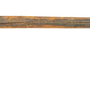 A vintage metal axe with a brown, weathered handle and a protective sheath covering the blade.