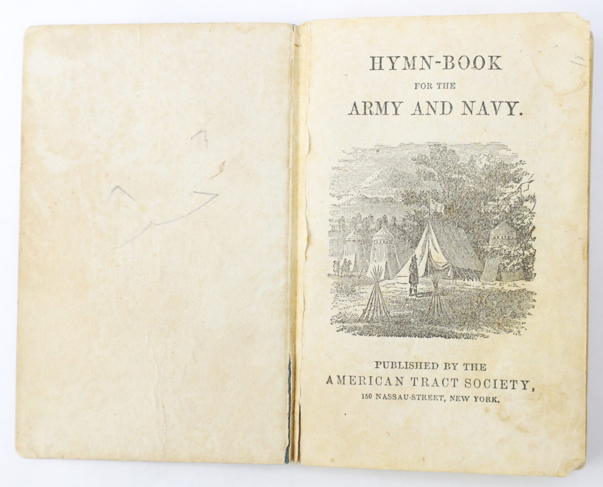 Open book displaying the title page of "Hymn-Book for the Army and Navy" published by the American Tract Society, with an illustration of military tents and people.