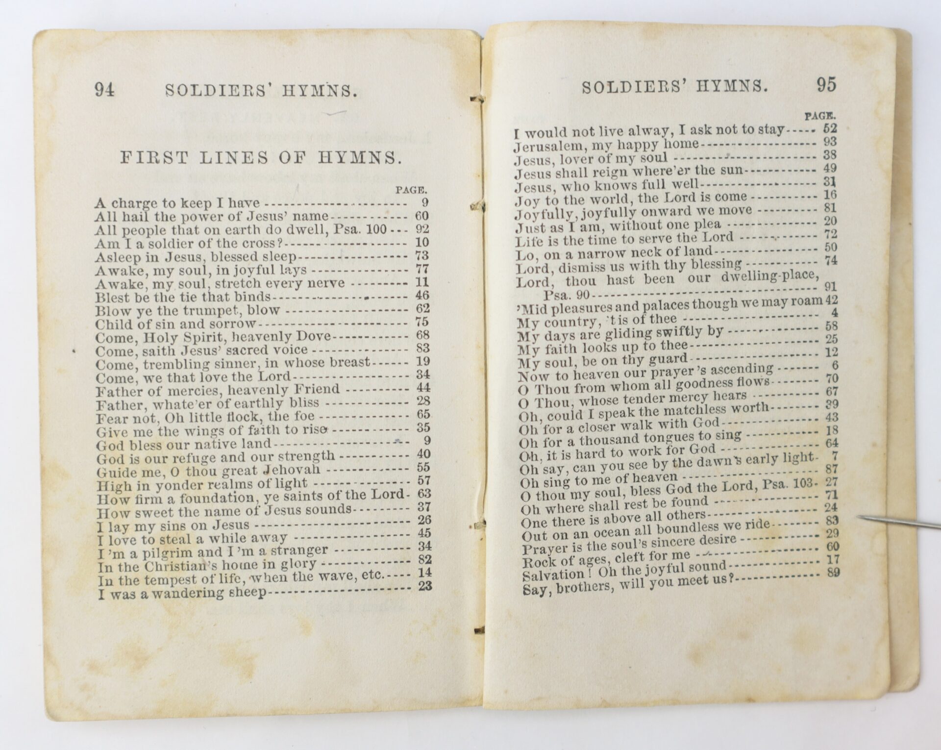 Open hymnal showing pages 94 and 95 with a list of hymn first lines and corresponding page numbers under the heading "First Lines of Hymns.