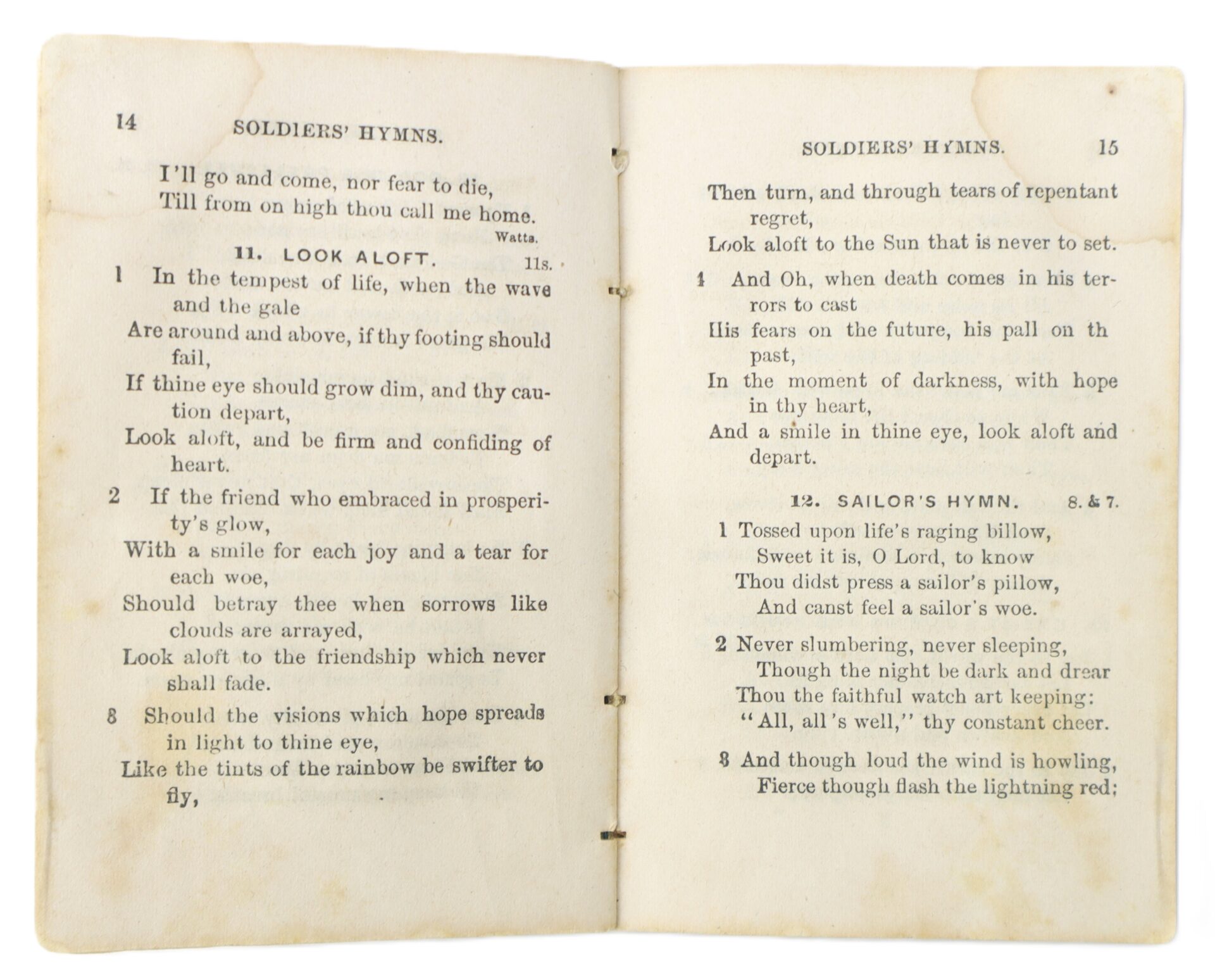 Open book displaying pages 14 and 15 of "Soldiers' Hymns," featuring hymns titled "Look Aloft" and "Sailor's Hymn," with visible aging and some text fading.