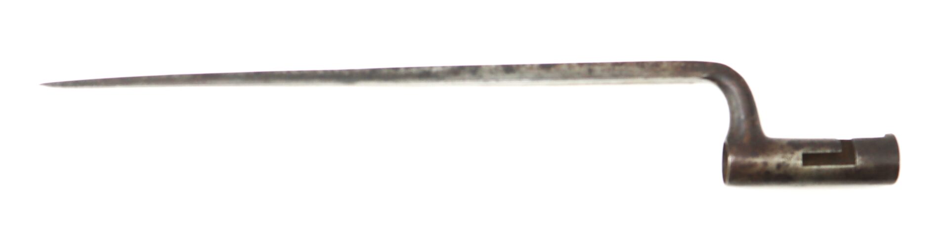 A metal socket bayonet with a straight, pointed blade and an angled shank, used as a weapon attachment for a musket or rifle.