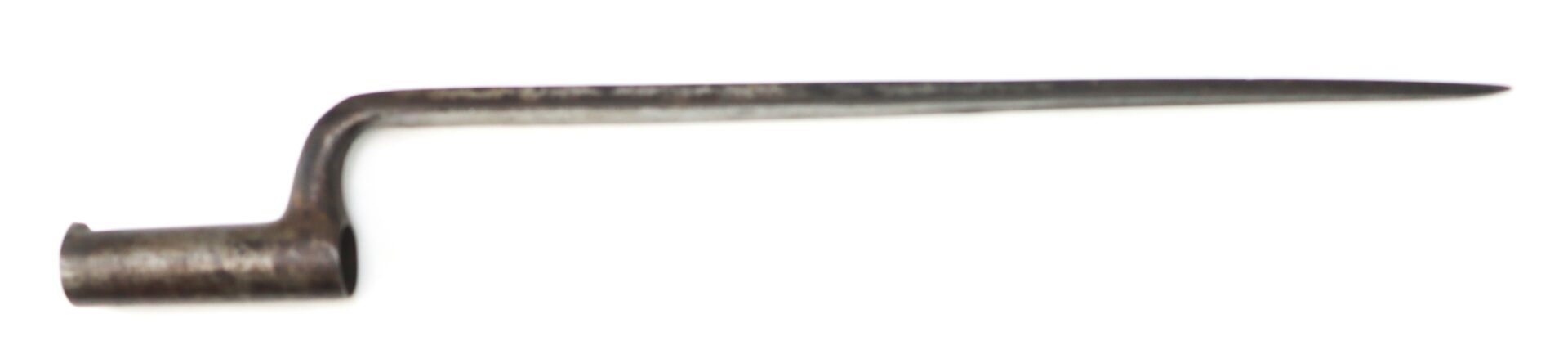 A metal socket bayonet with a straight, pointed blade and an angled shank, photographed on a white background.
