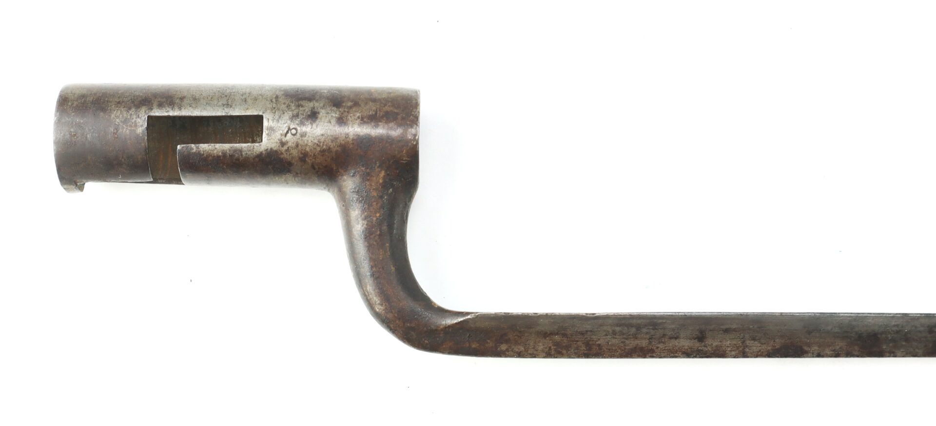A metal socket bayonet with a cylindrical sleeve and a long, straight blade, showing signs of rust and wear.