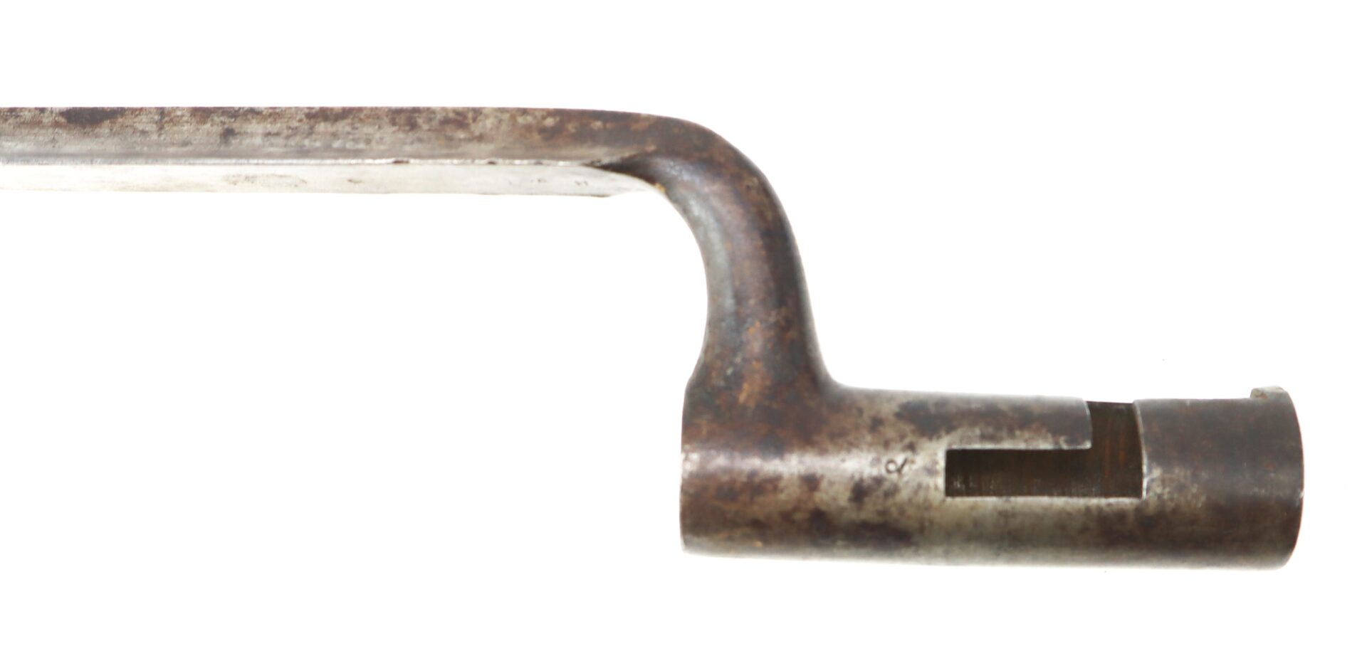 A close-up of a metal socket bayonet with a curved handle and cylindrical socket against a white background.