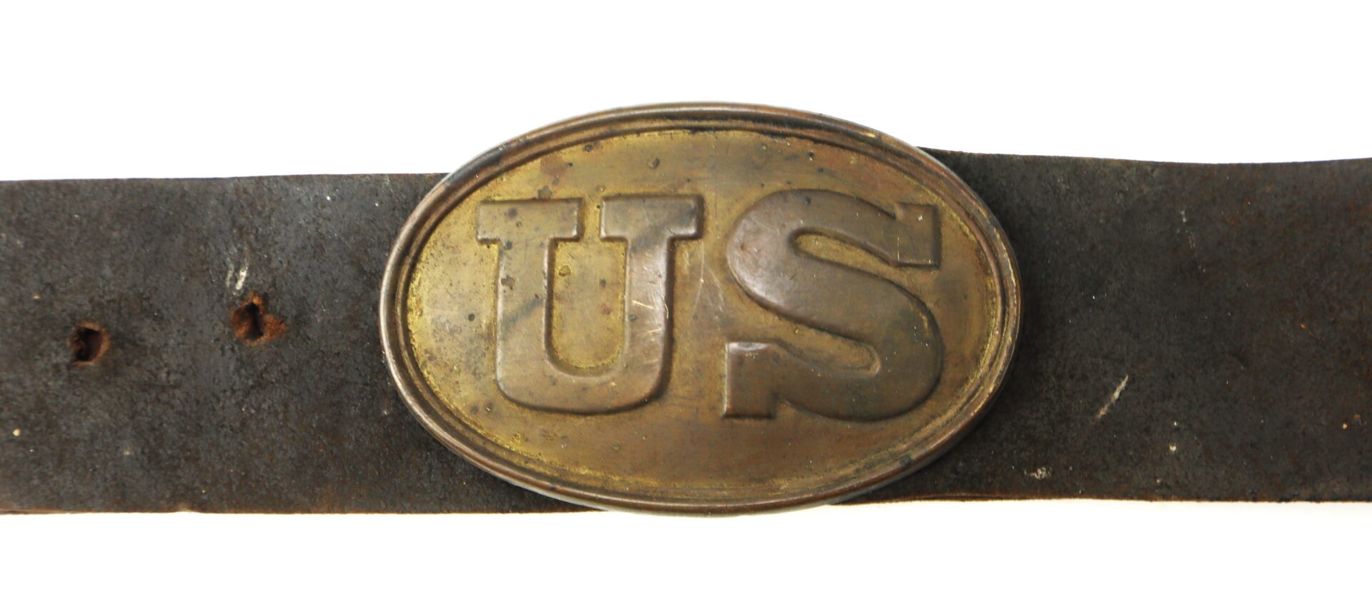 A worn leather belt with an oval brass buckle stamped with the letters "US.