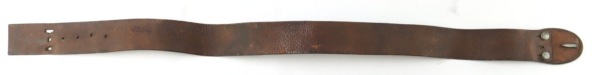A worn brown leather belt with a metal buckle and several holes, laid flat on a white background.