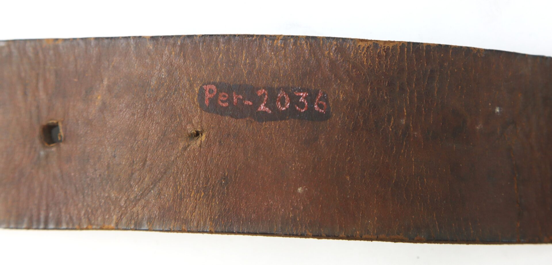 A close-up of a worn brown leather belt with the text "Per. 2036" painted in red and white.