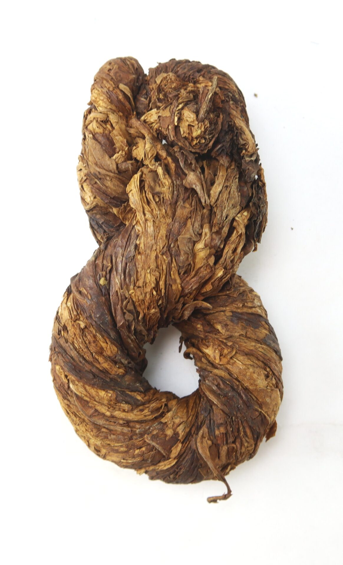 A tightly rolled bundle of dried brown tobacco leaves arranged in a coiled shape against a white background.