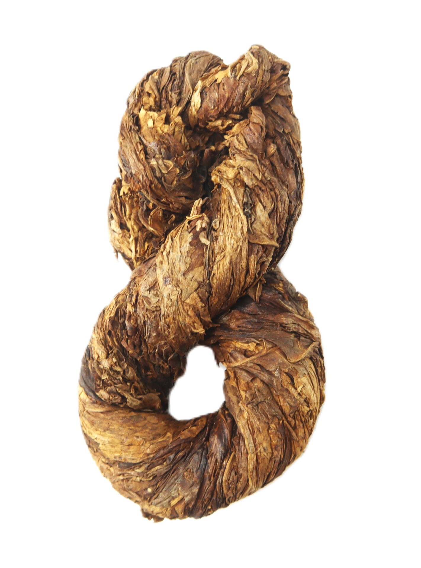 A brown rope tied to a white background.