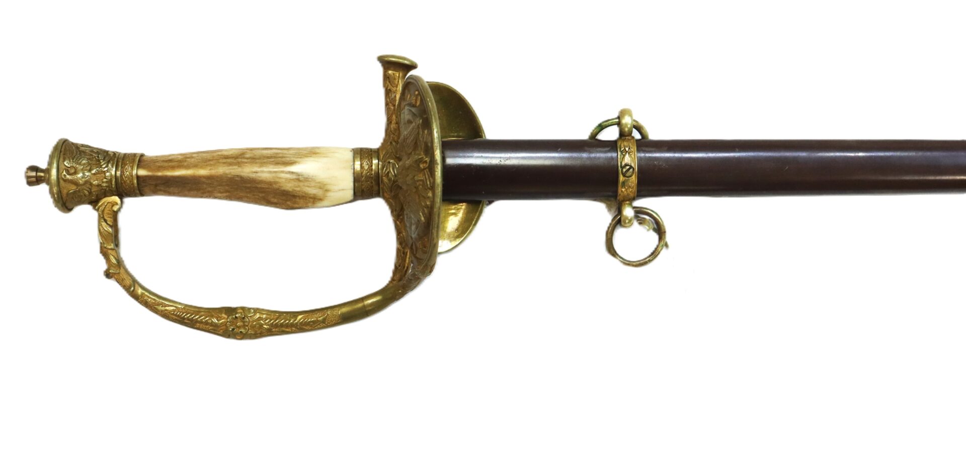 A close-up of an antique sword with a decorative brass hilt, a guard, and a sheath featuring ornate rings and detailing.