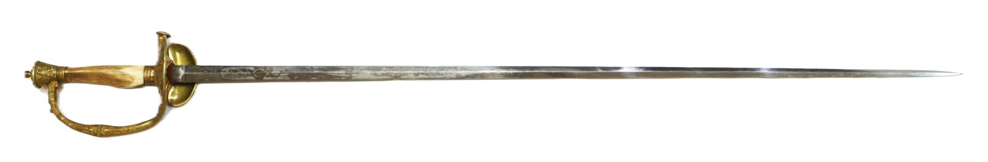 A long, narrow-bladed sword with a brass hilt, ornate handguard, and a pointed tip, displayed on a white background.