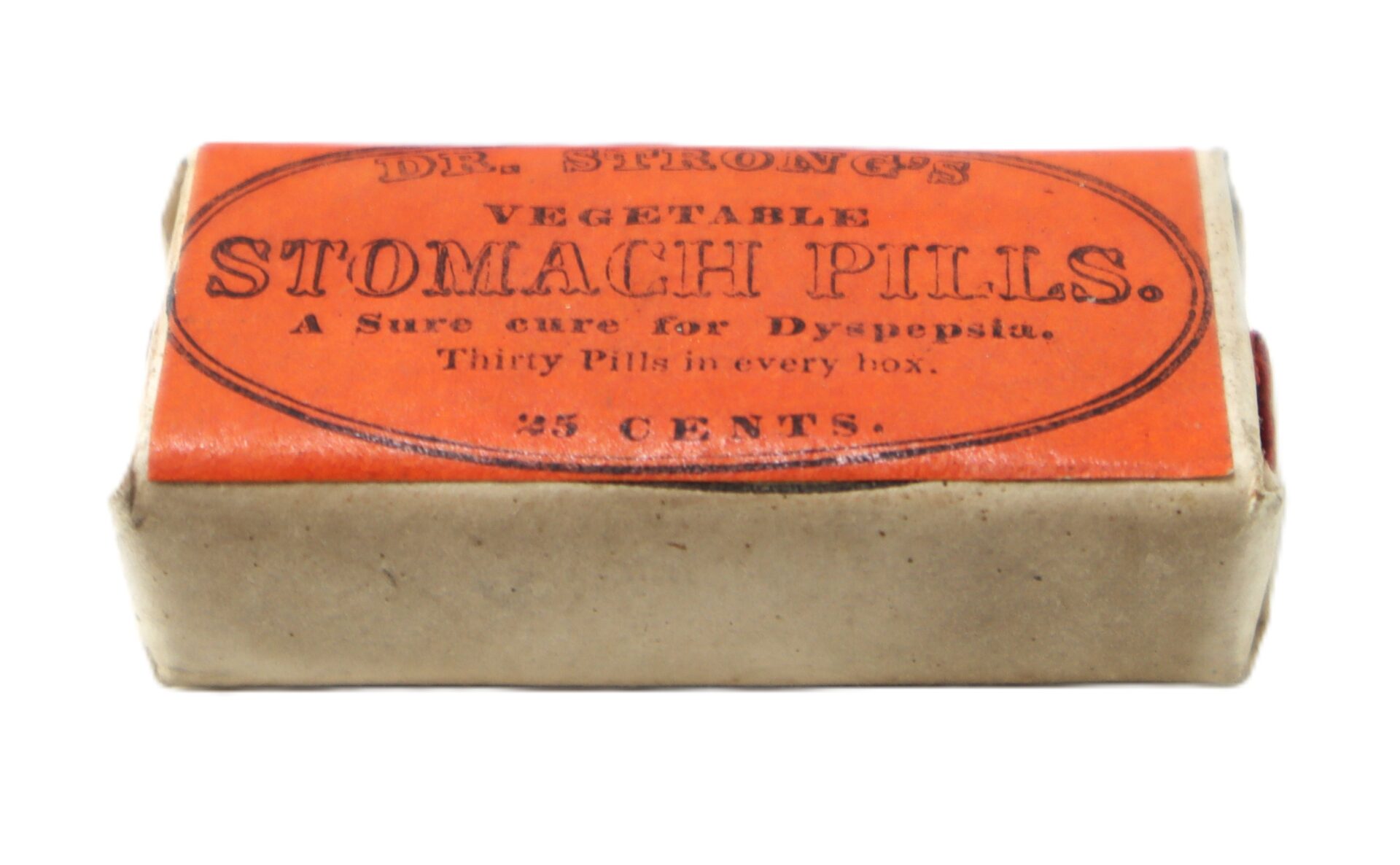 A vintage Dr. Strong’s Vegetable Stomach Pills box, priced at 25 cents, advertises a cure for dyspepsia and contains thirty pills.