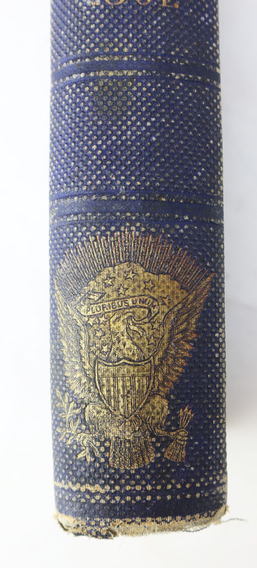 Close-up of a worn book spine featuring a faded gold-embossed Great Seal of the United States with the motto "E Pluribus Unum.
