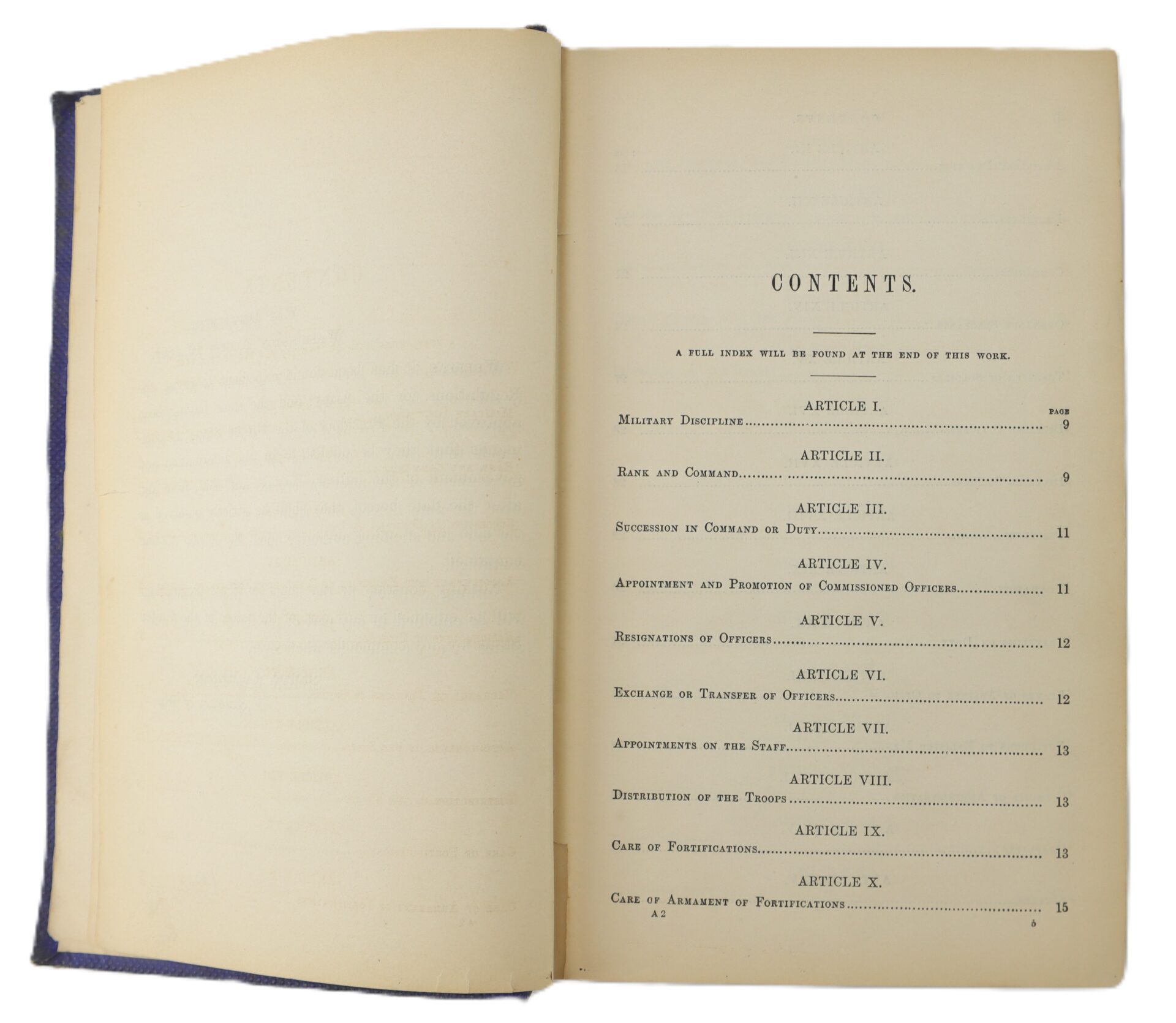 Open book showing the table of contents, listing military-related articles such as discipline, command, appointments, and fortifications on the right page.