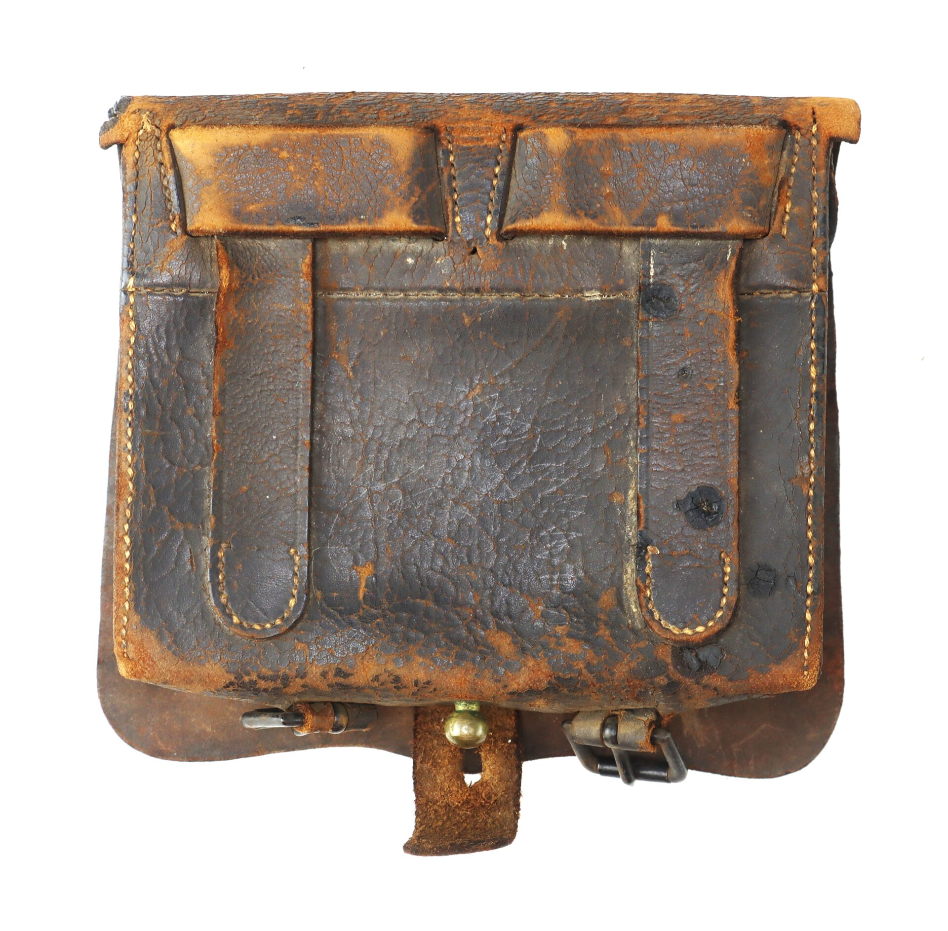 Old, worn brown leather satchel with visible scuffs, stitching, and buckles, photographed against a white background.