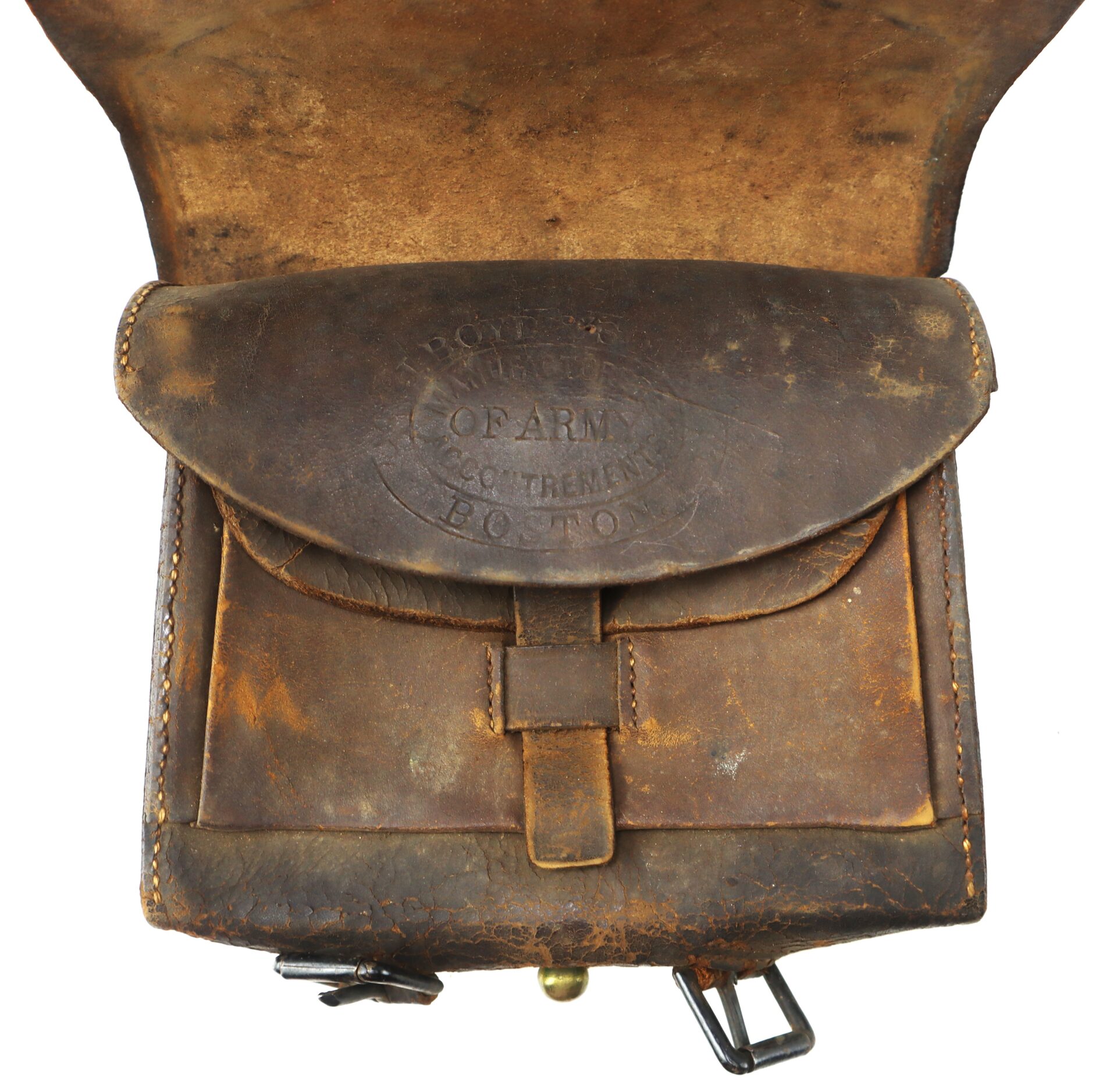 A worn, brown leather satchel with a flap embossed "Department of Army Contractors, Boston," showing visible scuffs and an open top flap.