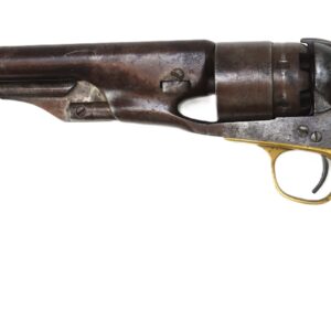 A vintage revolver with a dark metal barrel, brass trigger guard, and engraved wooden grip marked ā1863ā and decorated with red symbols.