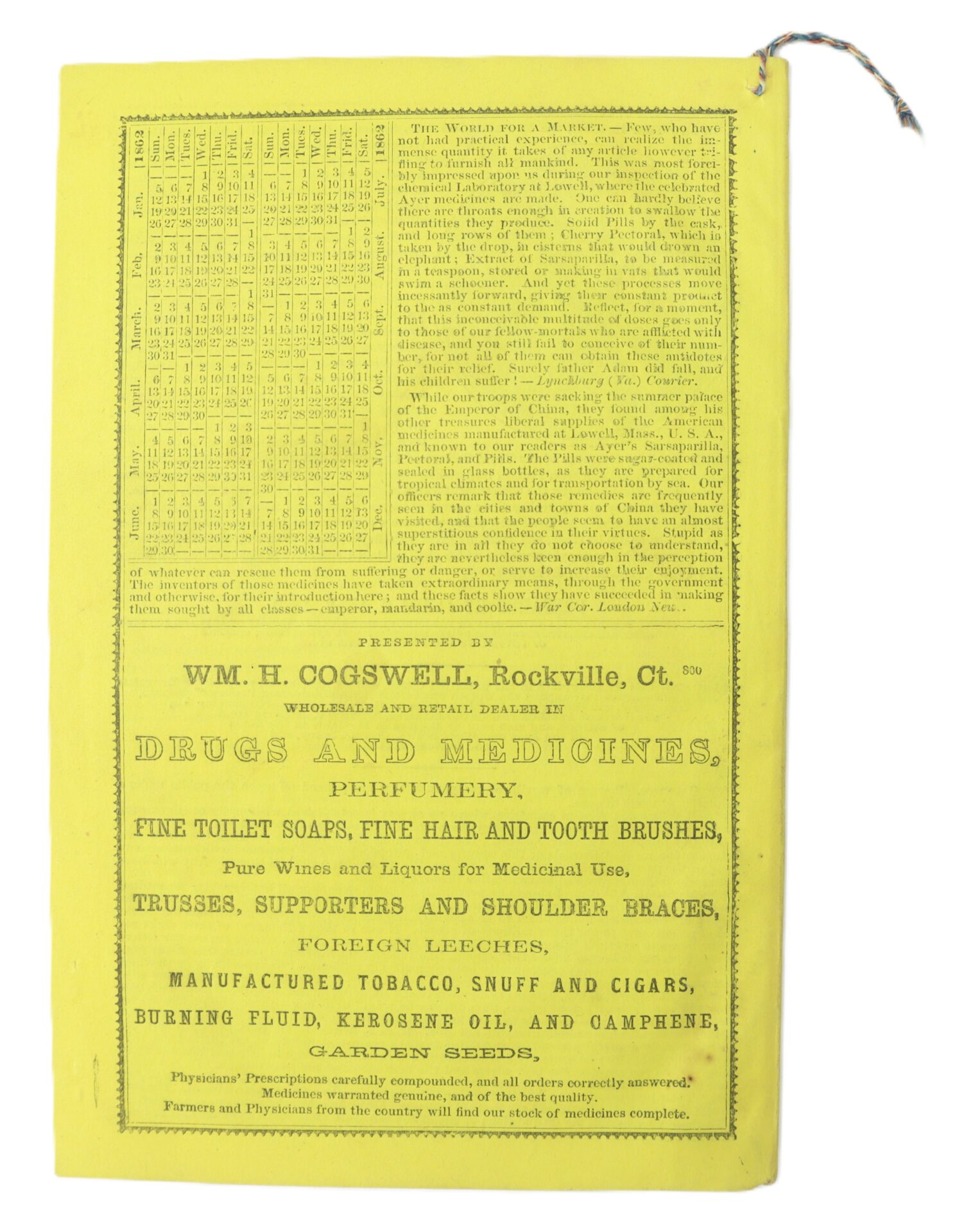Yellow advertisement for W.M.H. Cogswell in Rockville, CT, listing drugs, medicines, perfumes, toiletries, trusses, bandages, and other goods for sale.
