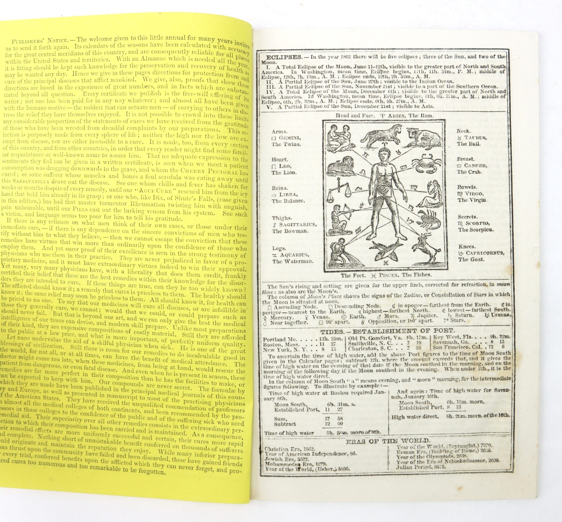 An open book with one yellow page of dense text on the left and a white page on the right showing a diagram of a human figure surrounded by text and astrological symbols.