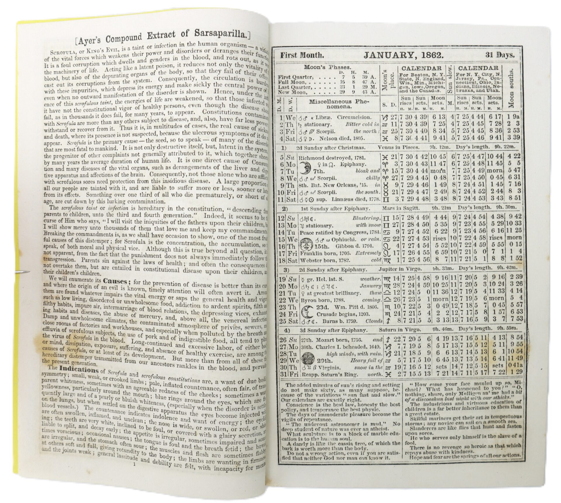 Open book showing a page of text about Ayer’s Sarsaparilla and a January 1862 calendar with astronomical data and weather notes.