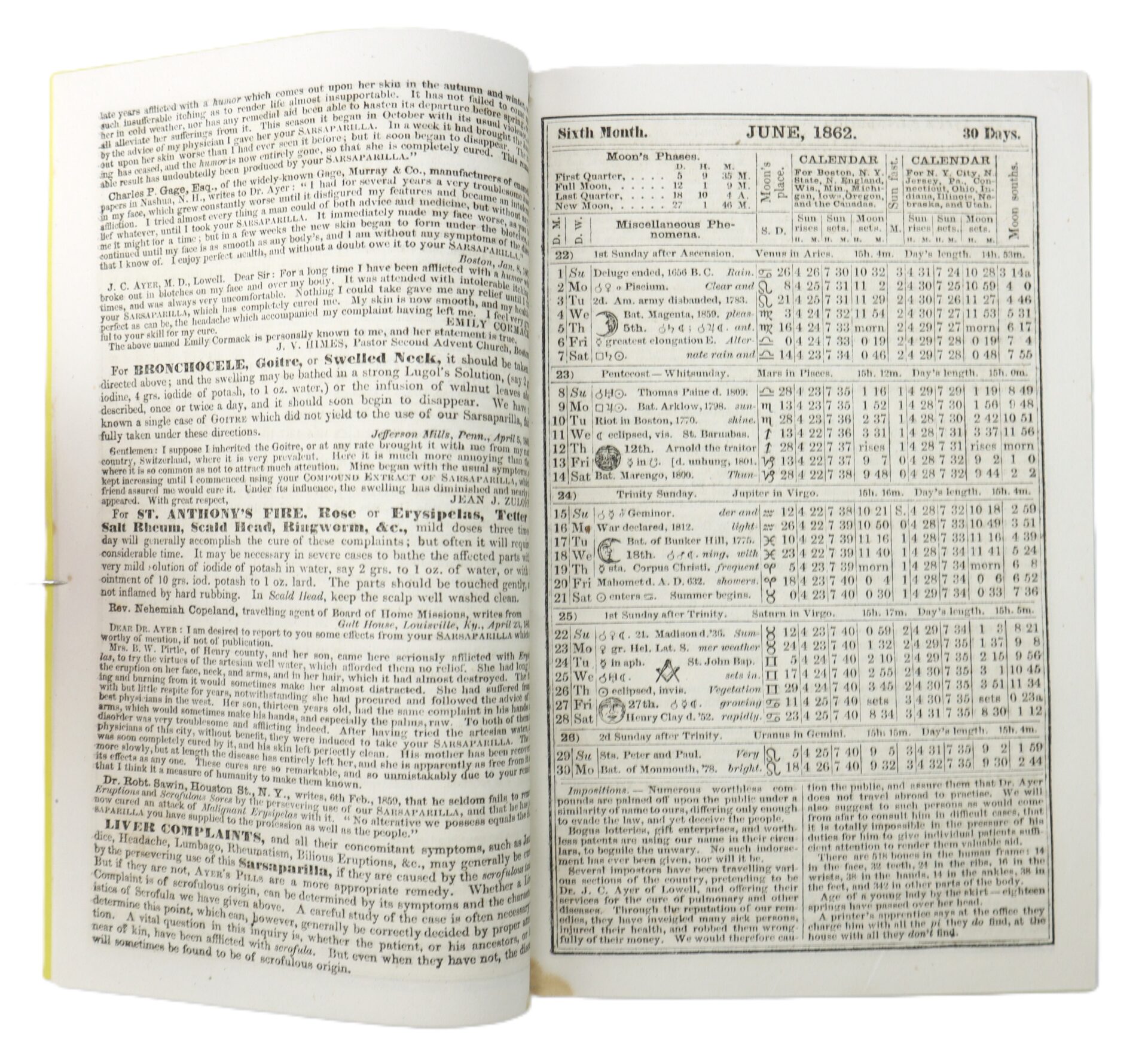 An open book displays a page of text on the left and a calendar for June 1862 with lunar phases and almanac information on the right.