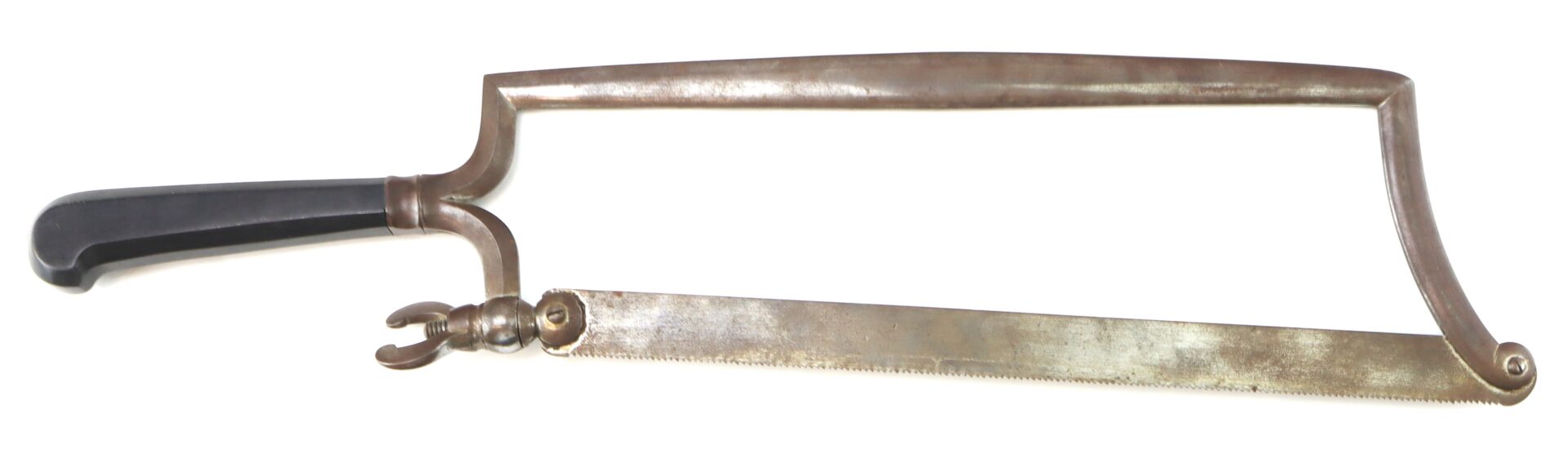 Old-fashioned metal hacksaw with a black handle and a thin, toothed blade held in a rectangular metal frame, isolated on a white background.