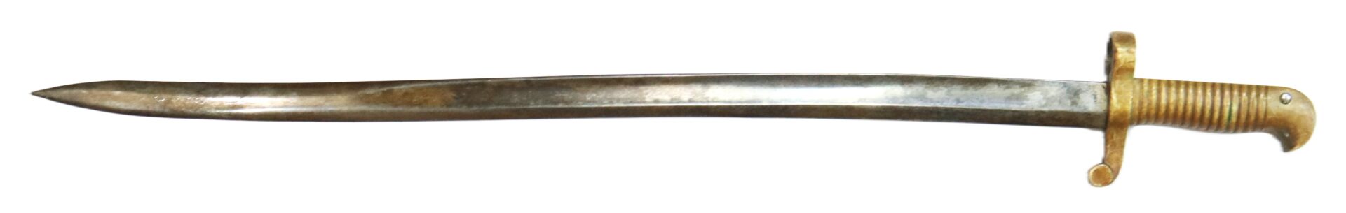 A vintage metal sword with a straight, double-edged blade and a brass handle featuring a curved handguard.