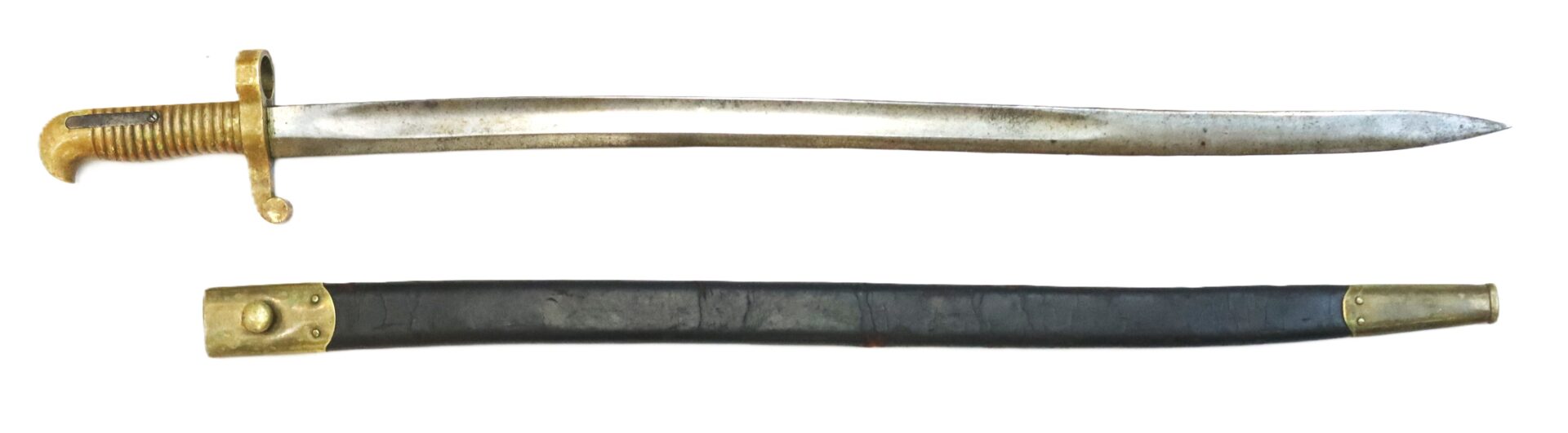 A metal sword with a brass hilt and guard is shown above a black leather scabbard with brass fittings.