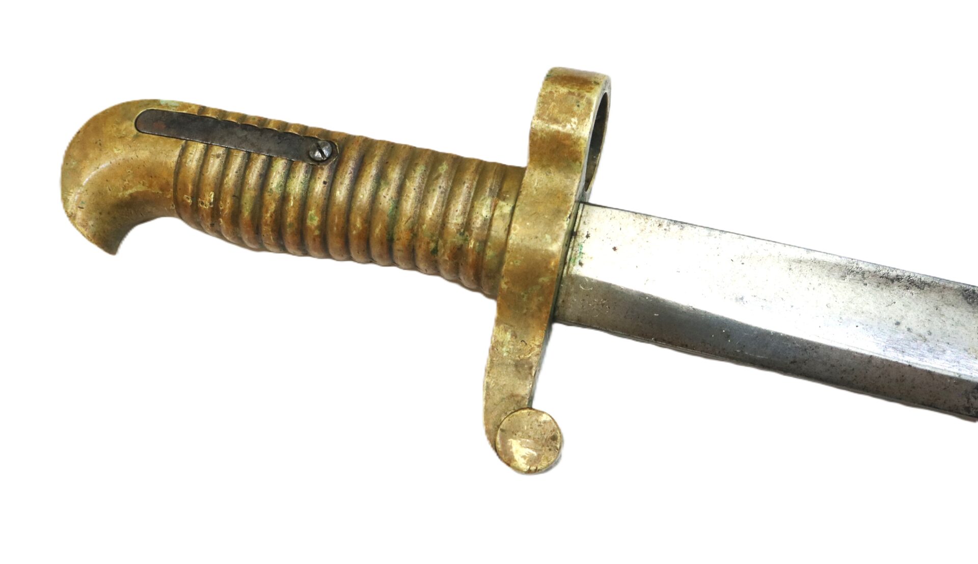 A close-up of an antique sword with a ribbed brass handle and a curved guard, showing part of the blade.