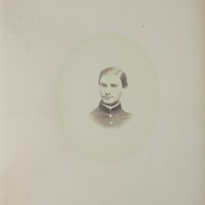 Oval portrait of a young man in a uniform with buttons, centered on a plain, lightly aged background.