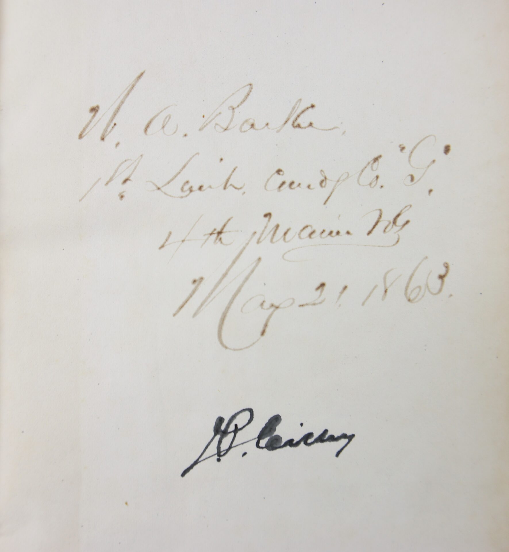 Handwritten note from the 1863 Ordnance Bureau Manual identified to William A. Barker, 4th Maine Volunteer Infantry, dated May 29, 1863, featuring unit details and a signature below.