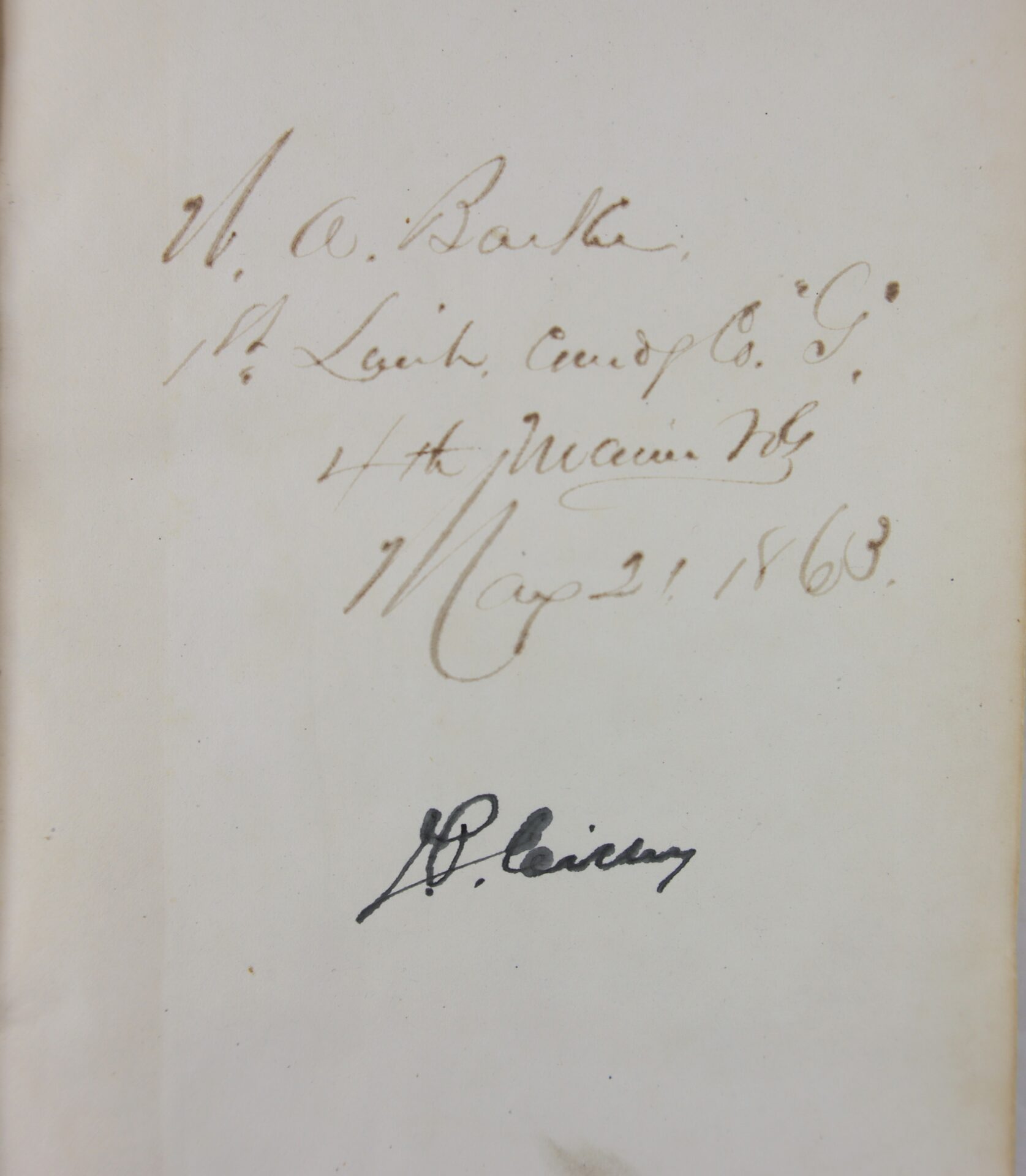 Handwritten note from the 1863 Ordnance Bureau Manual identified to William A. Barker of the 4th Maine Volunteer Infantry, dated May 21, 1863, signed by W.A. Barker with an additional signature below in darker ink.