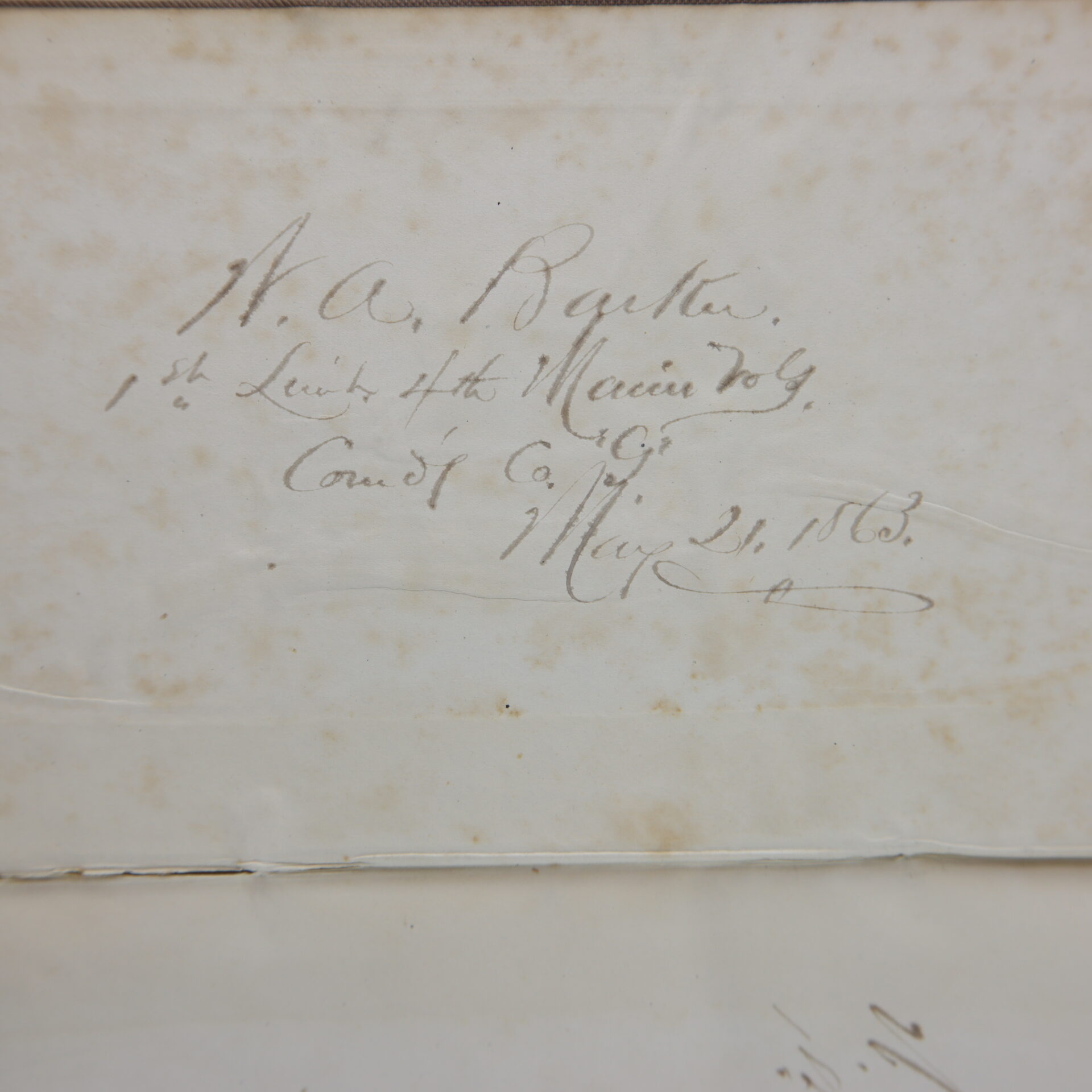A handwritten note on this aged 1863 Ordnance Bureau Manual reads: "W. A. Barker, 1st Lieut. H. Marine Vols, Comd'g Co., May 31, 1863." Identified to William A. Barker of the 4th Maine Volunteer Infantry.