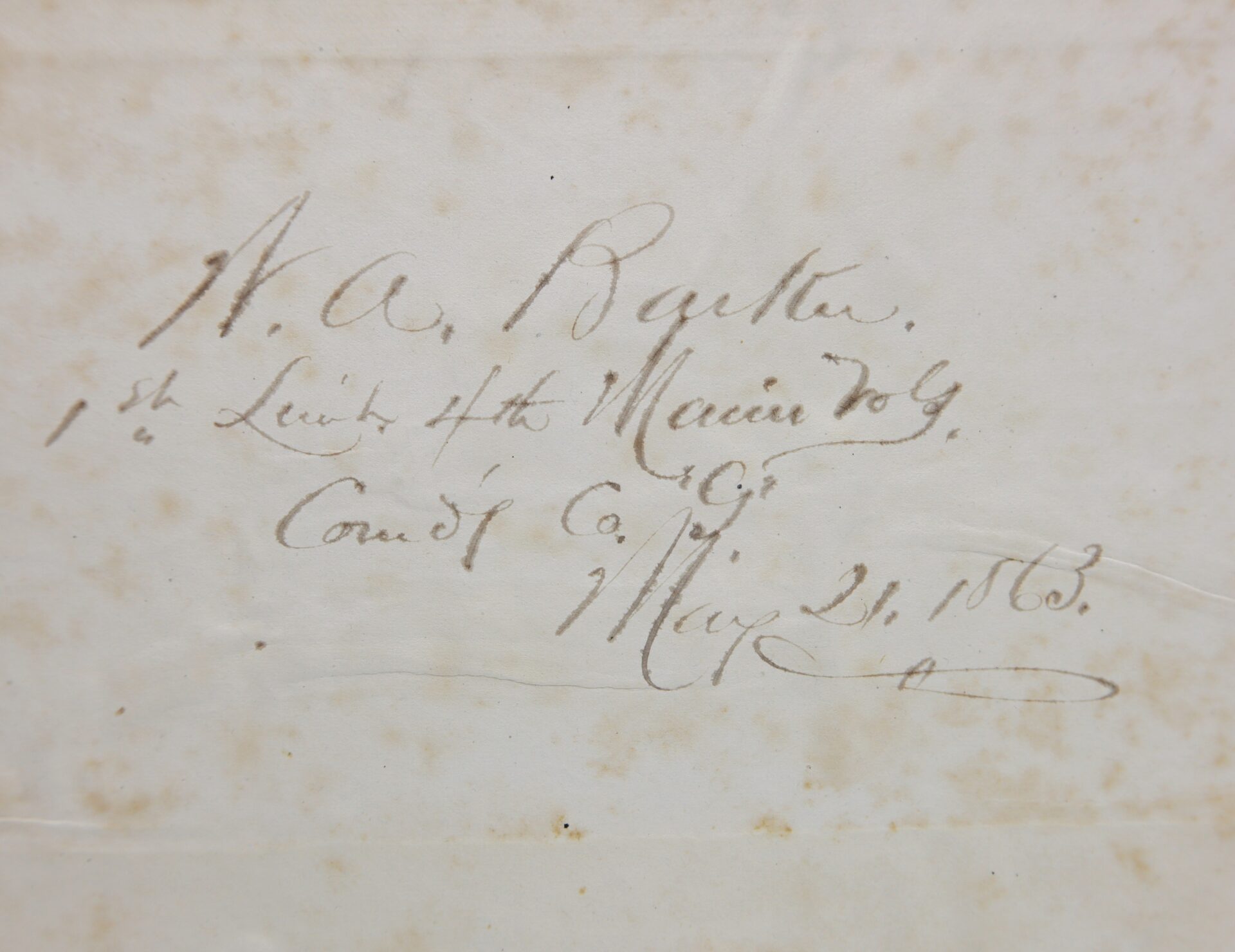 Handwritten note on aged paper: "W.A. Barker, 1st Lieut. 4th Maine Vols. Comdg. Co. G, May 21, 1863," identified in the 1863 Ordnance Bureau Manual for the 4th Maine Volunteer Infantry.