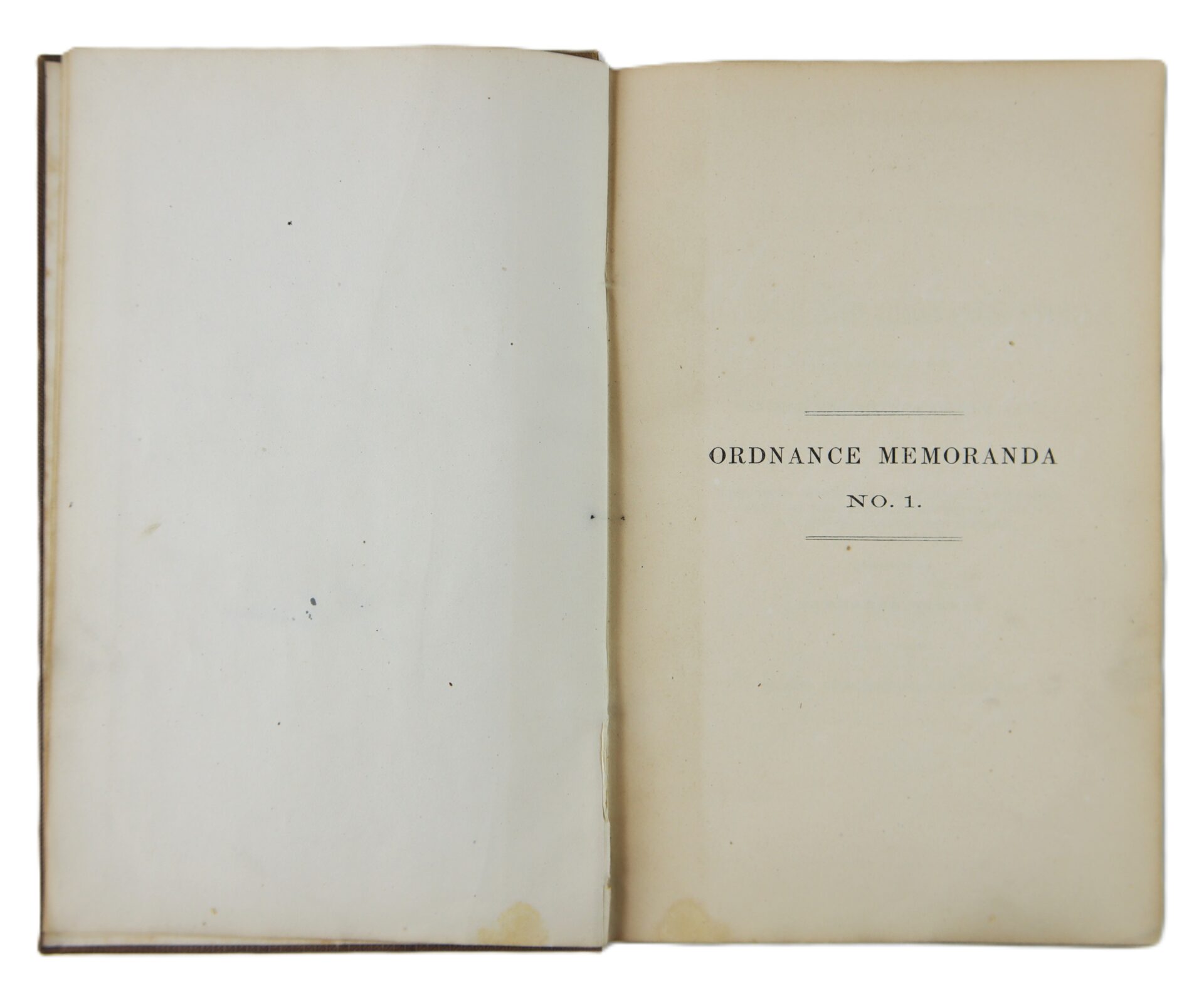 An open book with a blank left page and a right page displaying “1863 Ordnance Bureau Manual Identified to William A. Barker - 4th Maine Volunteer Infantry” centered as the title.