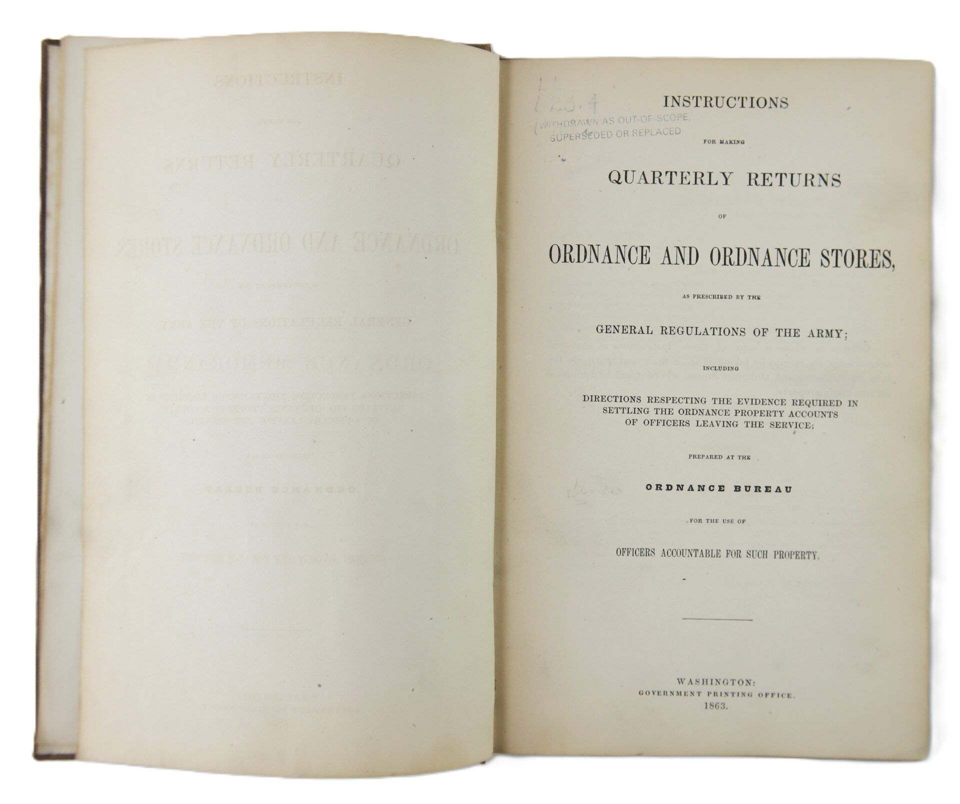 Open book showing the title page of an 1863 Ordnance Bureau Manual identified to William A. Barker, 4th Maine Volunteer Infantry.