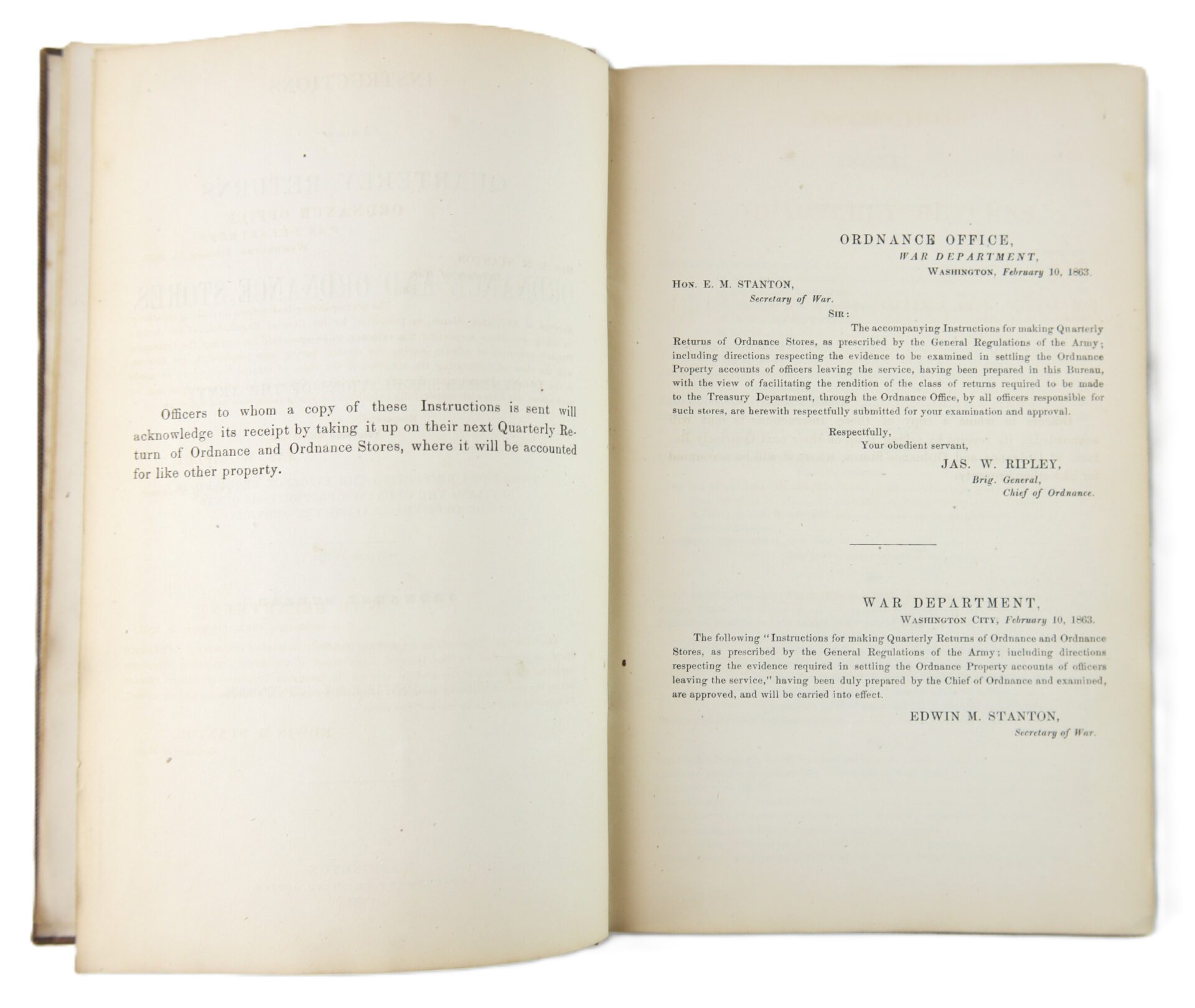 An open book shows the 1863 Ordnance Bureau Manual identified to William A. Barker, 4th Maine Volunteer Infantry, displaying headings and official signatures on pages dated 1862 from the War Department Ordnance Office.