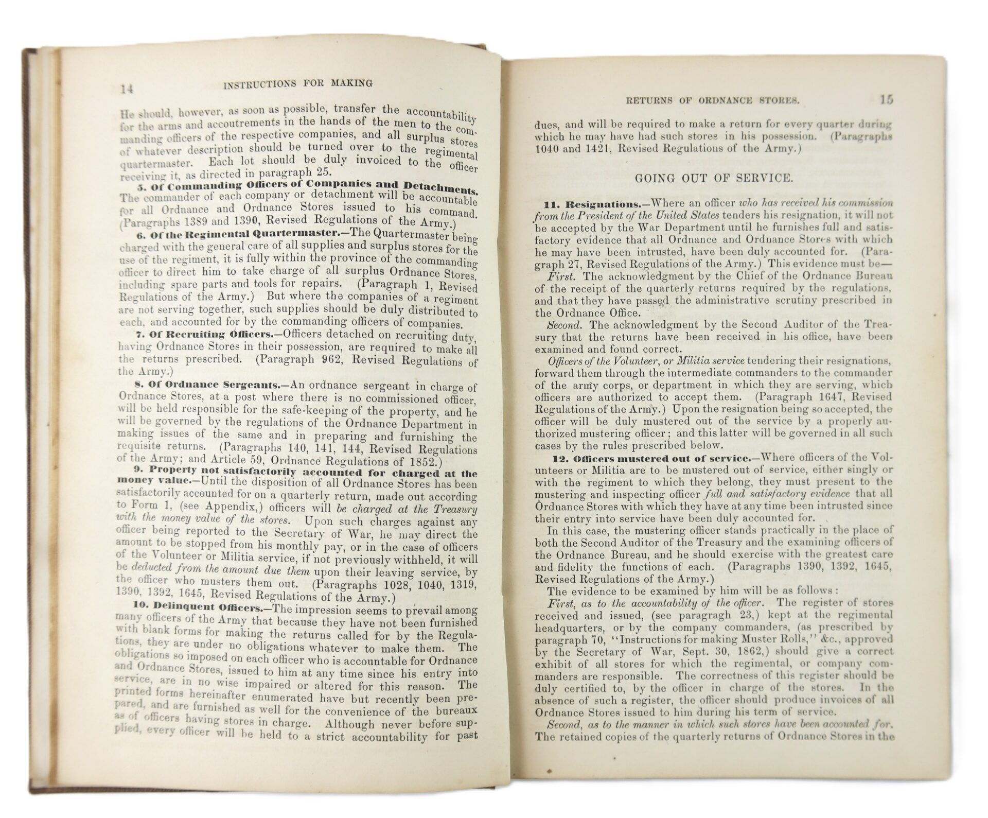 An open book showing pages 14 and 15 of the 1863 Ordnance Bureau Manual, identified to William A. Barker of the 4th Maine Volunteer Infantry, with printed text on ordnance stores and procedures for departing officers.