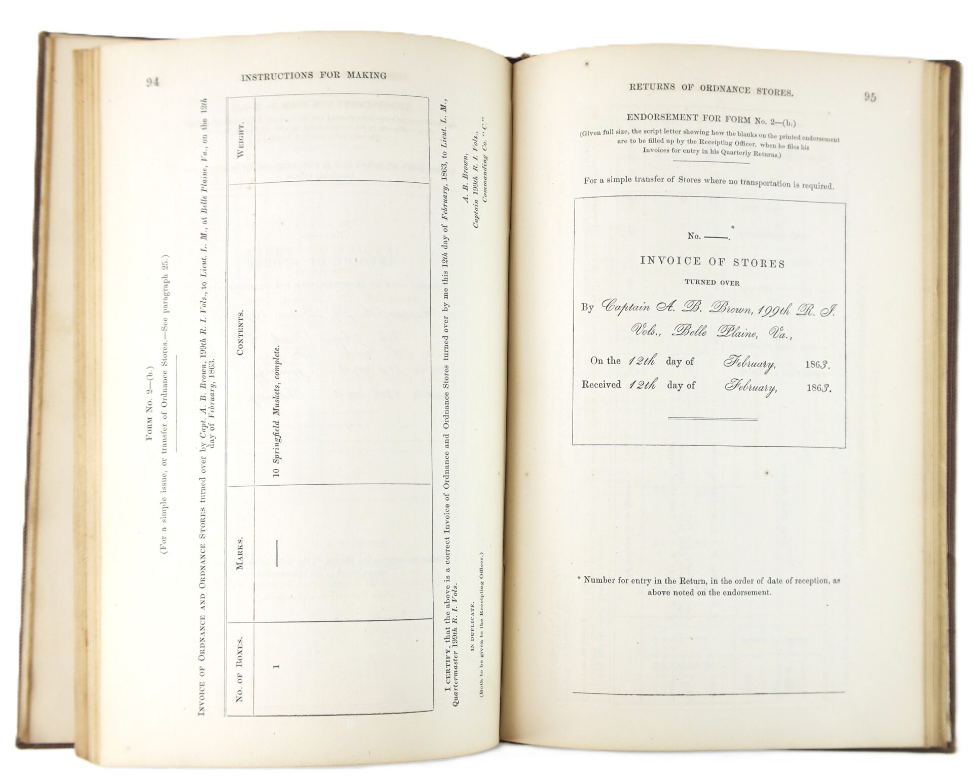 An open book titled "1863 Ordnance Bureau Manual Identified to William A. Barker - 4th Maine Volunteer Infantry," showing pages with printed forms, "Instructions for Making," "Invoice of Stores," blank tables, and dated entries.