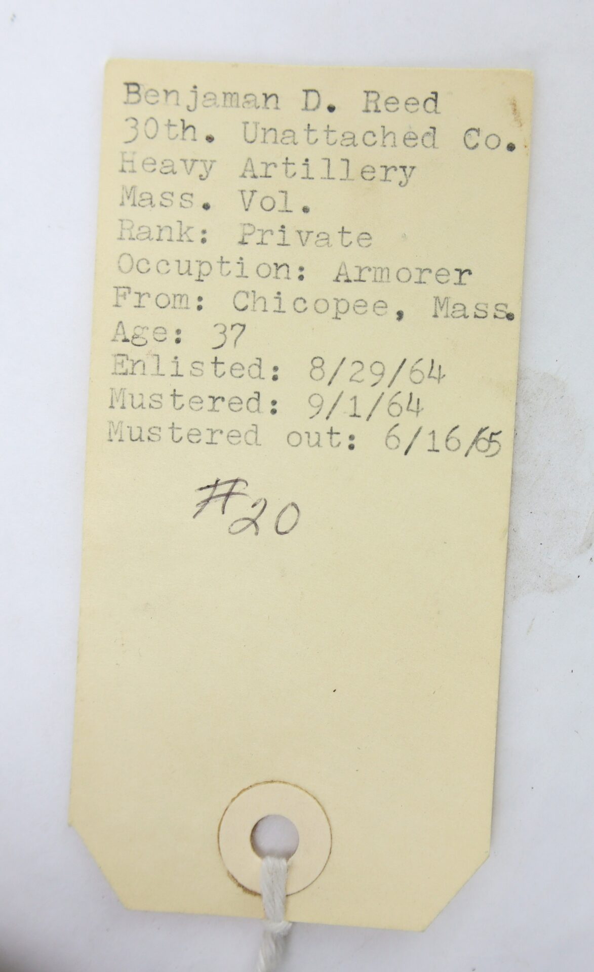 A canteen identified to Benjamin D. Reed, 30th Unattached Co., Massachusetts Heavy Artillery—Private and Armorer, age 37, enlisted 8/29/64, mustered in 9/1/64, mustered out 6/16/65.