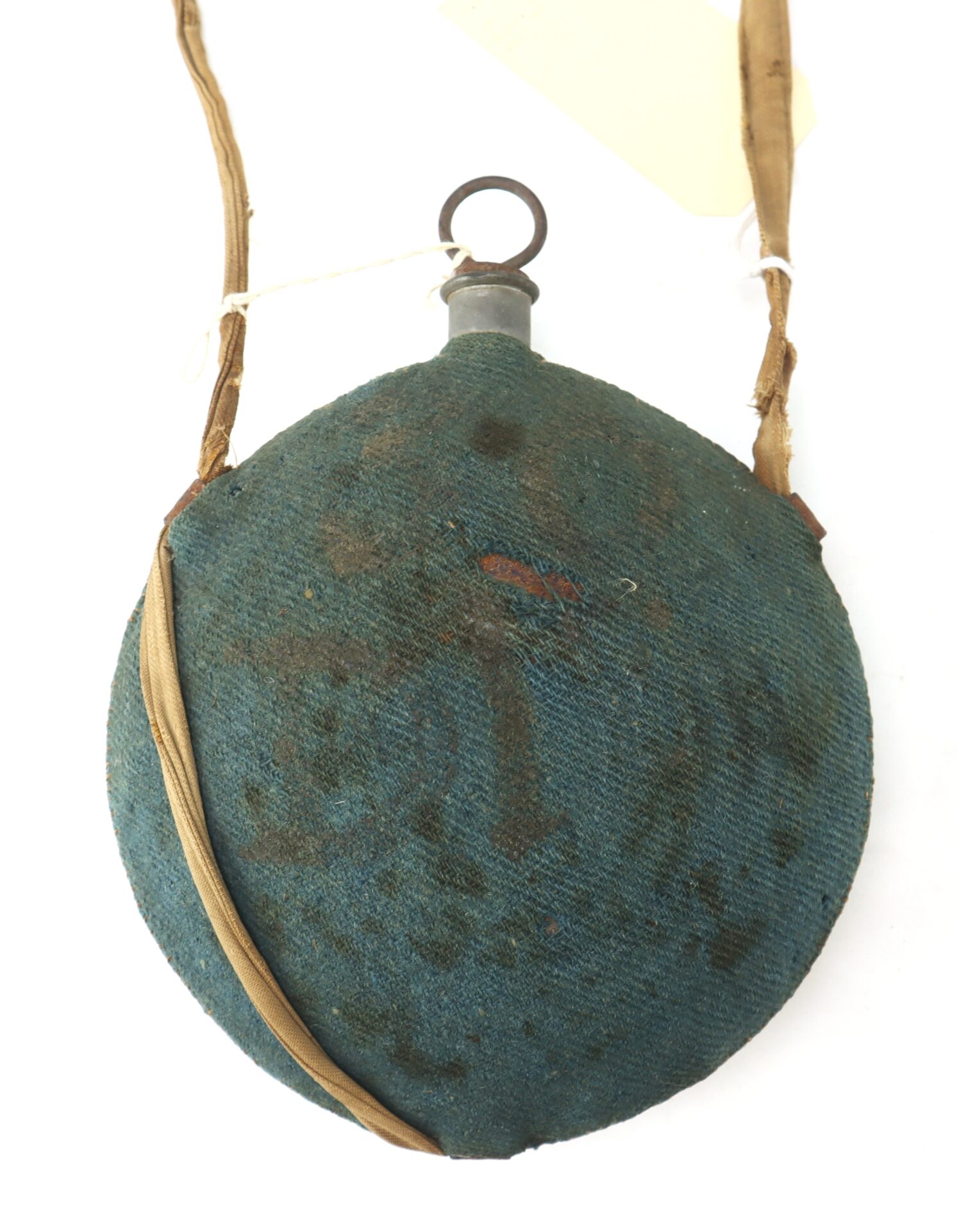 Outstanding Massachusetts Heavy Artillery canteen used by Benjamin D. Reed, 30th Unattached Co.; round, blue fabric cover, metal cap, and worn shoulder straps.