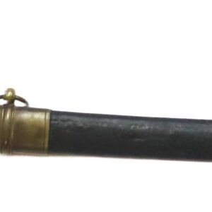 A curved sword with a brass hilt and knuckle guard, housed in a black scabbard with brass fittings and two suspension rings.