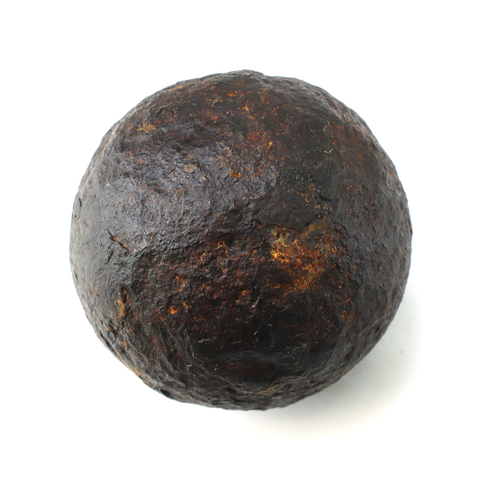 Confederate Civil War 6-Pounder Solid Shot Cannonball, recovered from Bull Run, featuring a rusty, rough-textured surface, displayed against a plain white background.