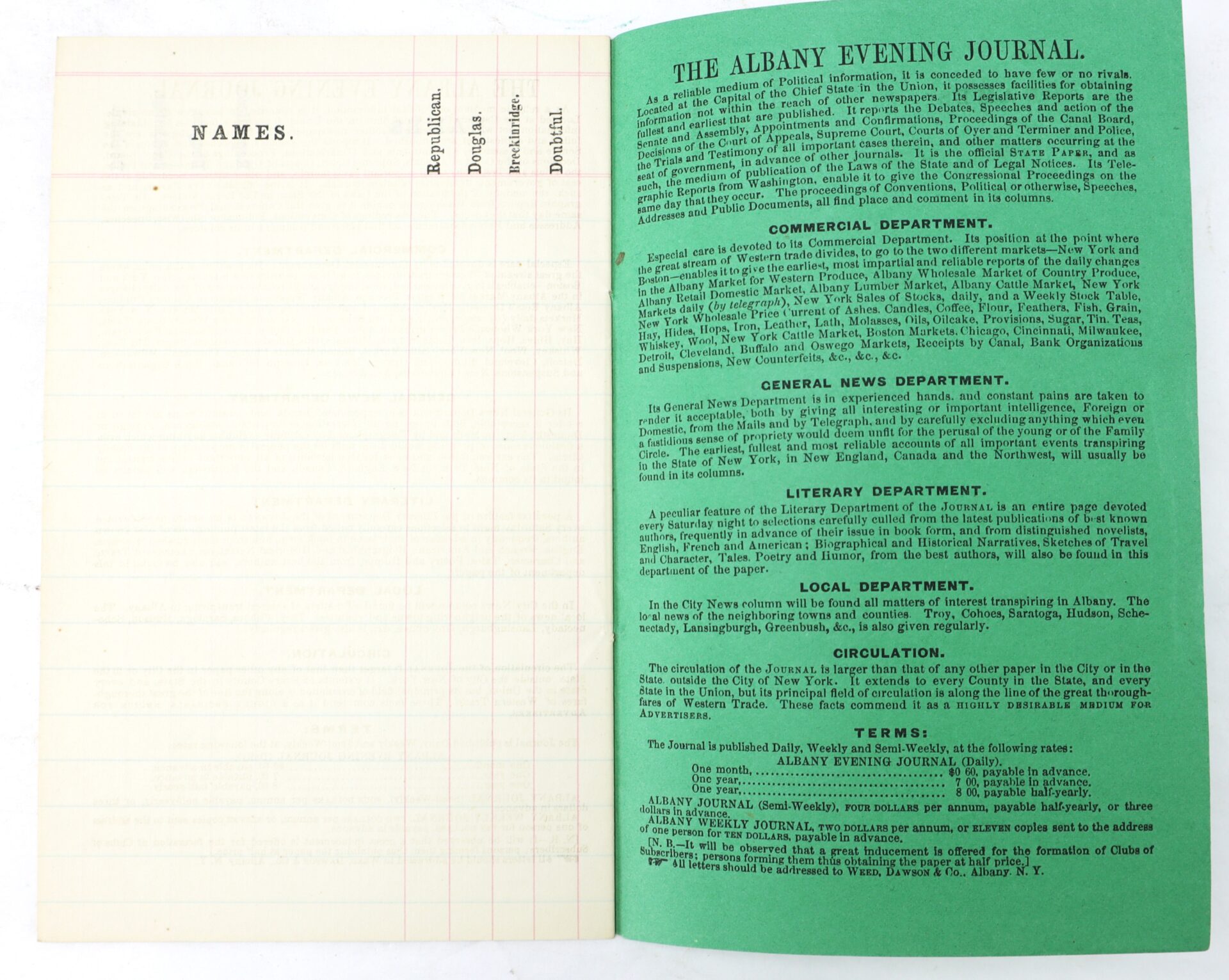 An open booklet showing a lined page titled "Names" on the left and green informational text about The Albany Evening Journal on the right.
