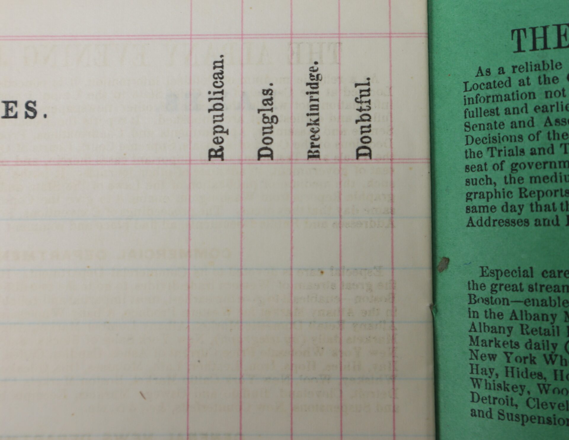 A close-up of a vintage ledger page with columns labeled Republican, Douglas, Breckinridge, and Doubtful next to a green page with printed text.