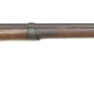 Side view of an antique, long-barreled, single-shot musket with a wooden stock and metal barrel, featuring a flintlock mechanism.